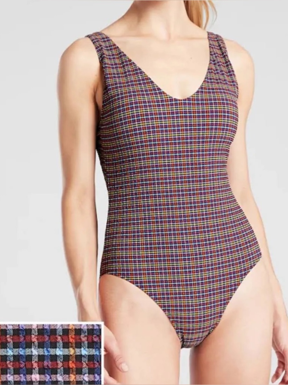 Athleta Seersucker One-piece Swim Suit, textured plaid multicolored print, Small
